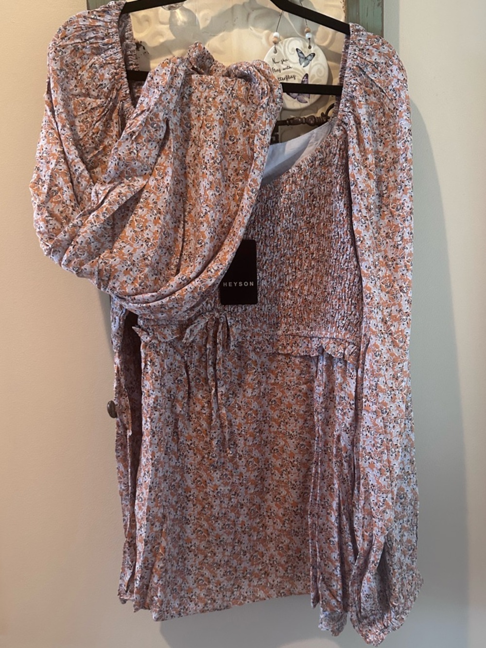 NWT Women’s Heyson Blue Orange Floral Smocked Peasant Blouse Plus Size